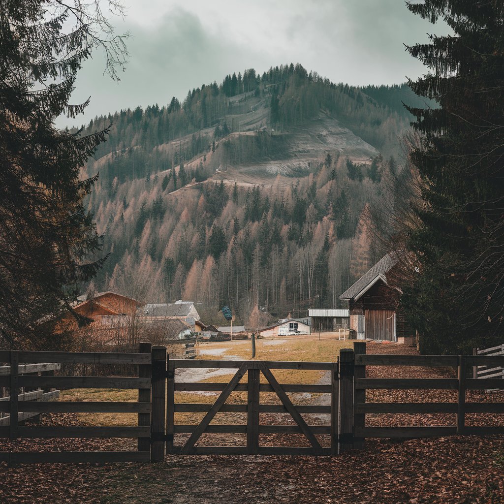 Cette image illustre un village montagnard situé près de Thônes, en Haute-Savoie, au cœur d'un paysage naturel où la forêt de conifères et les montagnes boisées dominent l'horizon. Le portail en bois au premier plan, avec une clôture en bois typique des zones rurales, s'ouvre sur un chemin qui mène à des bâtiments en bois et en pierre, témoignant de l'importance de l'architecture locale et de l'utilisation des ressources naturelles comme le bois dans la région. Ce décor rappelle les pratiques traditionnelles de la filière bois à Thônes, où les charpentiers et constructeurs mettent en valeur les matériaux locaux pour la construction en bois. En arrière-plan, les montagnes et forêts renforcent l'idée de durabilité et de recours aux filières courtes pour minimiser l'impact environnemental dans des projets de charpente et structures bois.