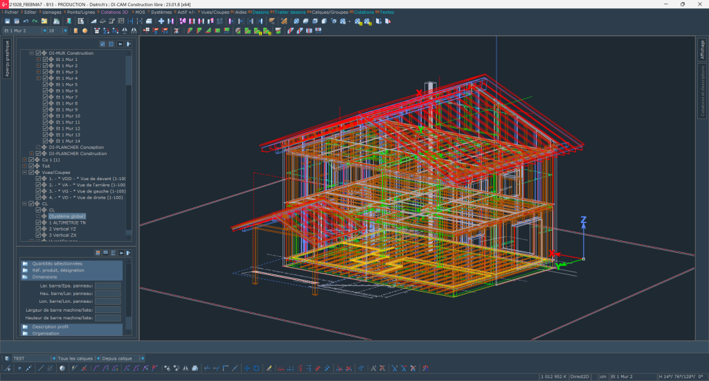 Conception 3D d'une maison à ossature bois réalisée avec le logiciel Dietrich's par DDLP Structures Bois. Le modèle montre une charpente et une structure détaillées en bois, permettant de visualiser avec précision les éléments constructifs et d'optimiser la fabrication en atelier.