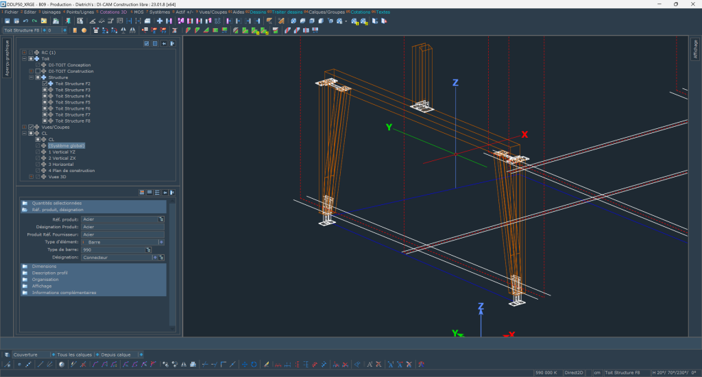 Vue détaillée d'une conception CAO pour une structure mixte bois-métal avec des assemblages métalliques précis.